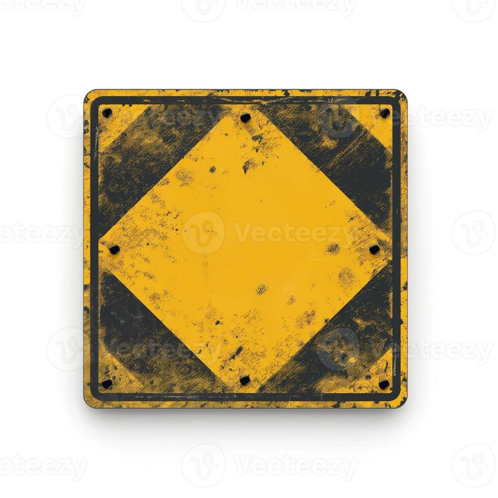 A weathered yellow caution sign with a distinctive diamond shape, showcasing wear and tear over time. photo