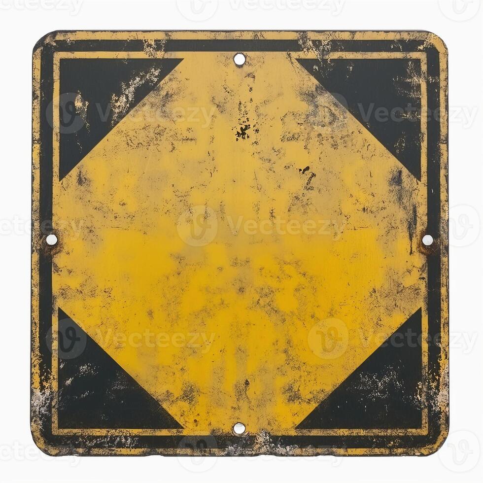 An aged, weathered caution sign with a yellow background and black triangular edges, perfect for a rustic or industrial theme. photo
