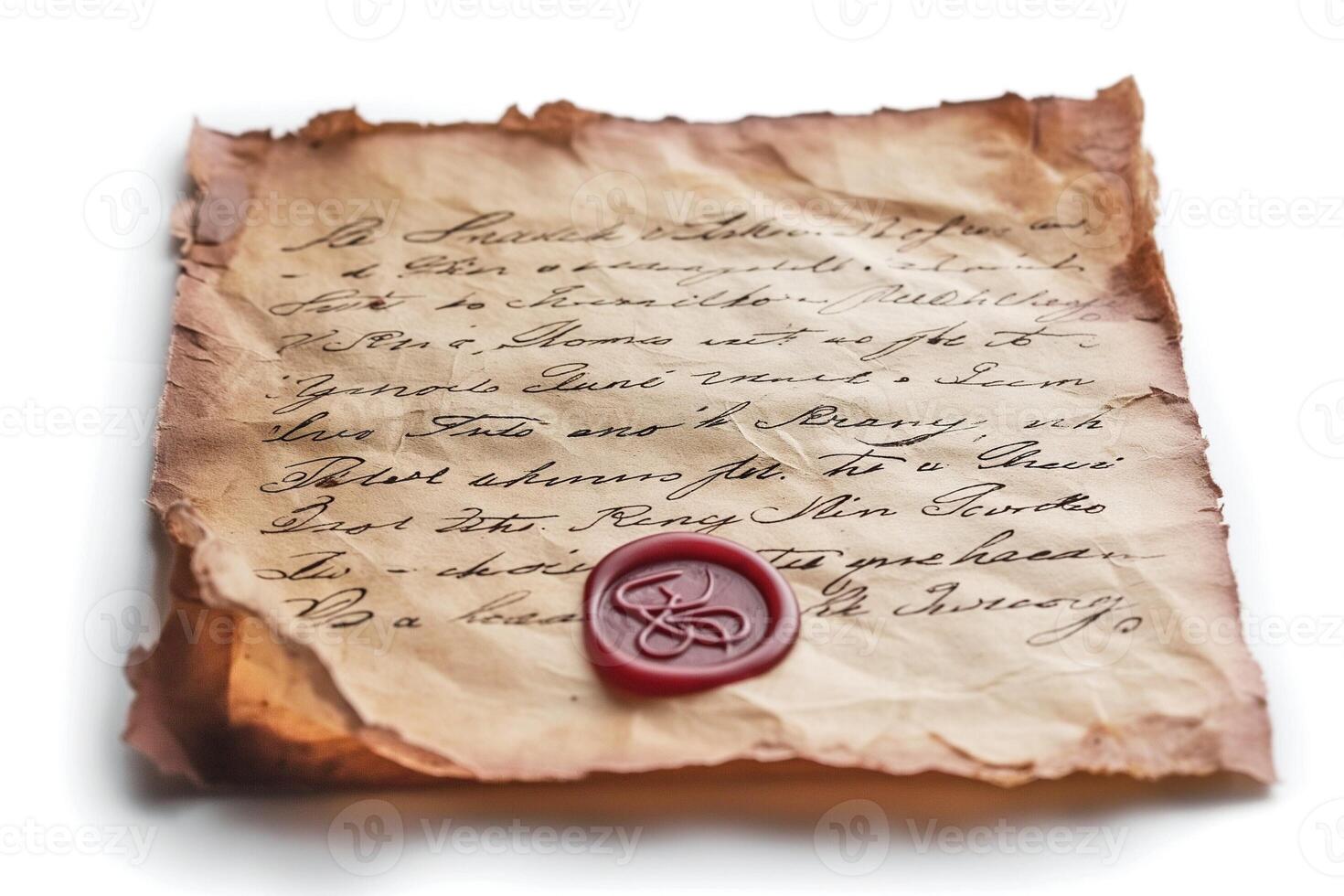 An aged, handwritten parchment featuring elegant calligraphy and a red wax seal, evoking nostalgia and historical significance. photo