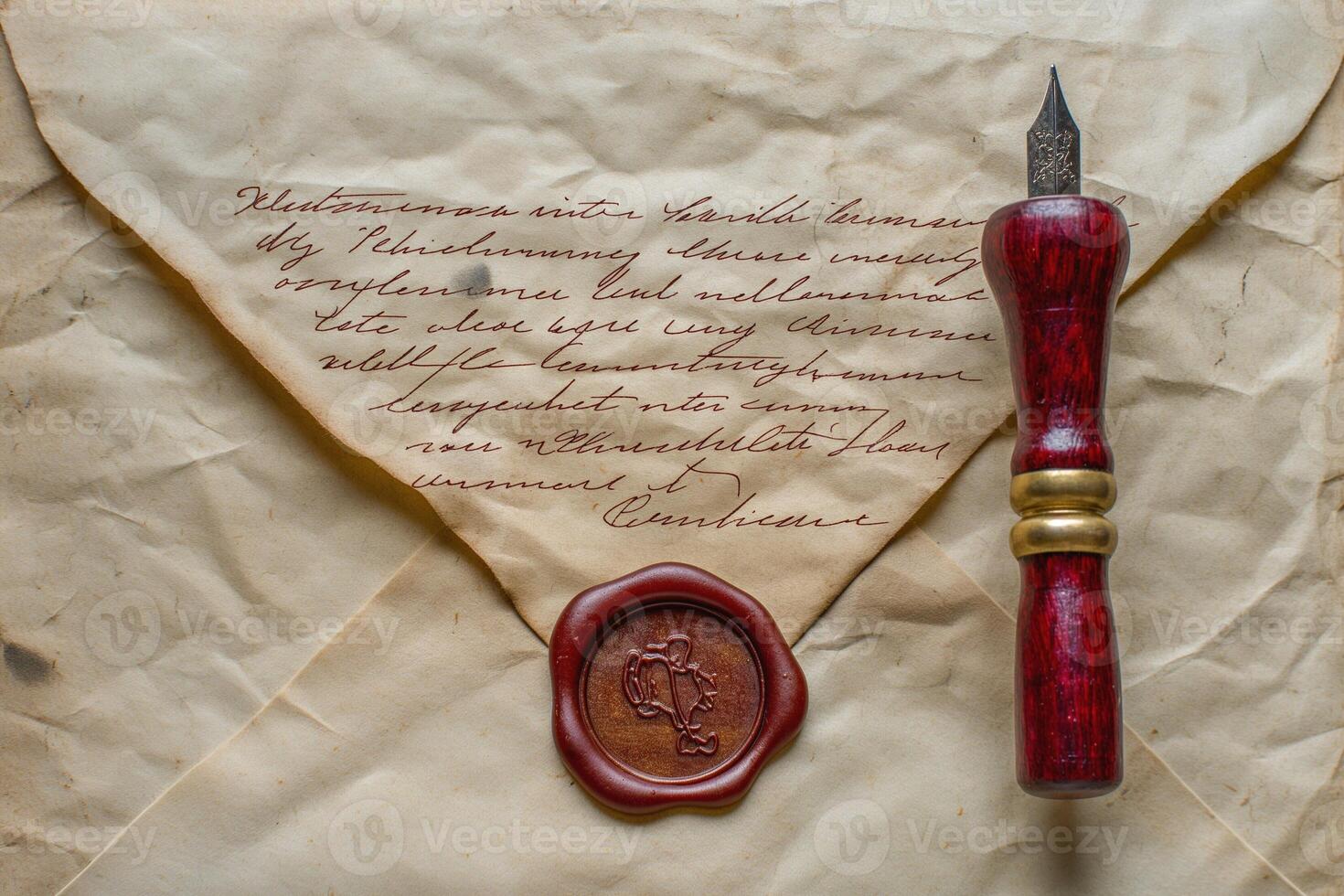 An elegant vintage envelope with intricate handwriting, accompanied by a decorative pen and wax seal. photo