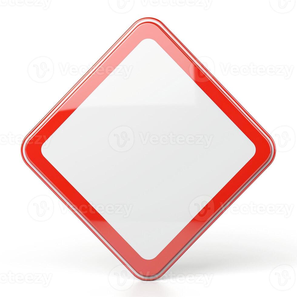 A blank diamond-shaped warning sign with a red border on a white background, symbolizing caution or awareness. photo