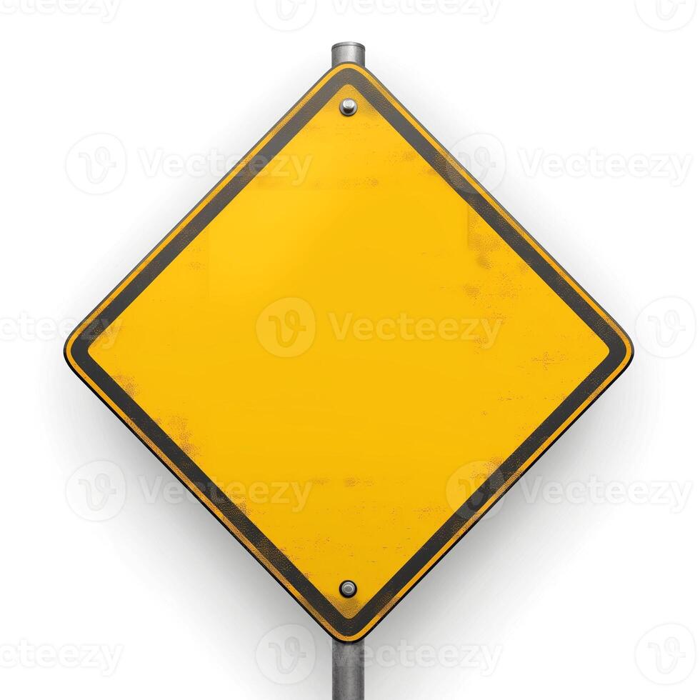 A blank yellow warning sign stands prominently against a white background. photo