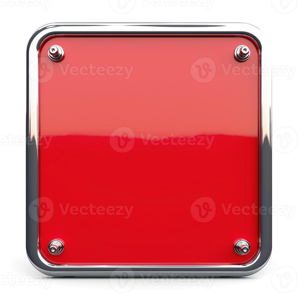 A glossy red square sign with a sleek metallic frame, perfect for custom messaging. photo