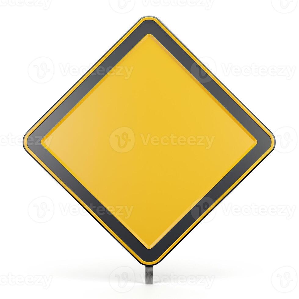 A blank yellow road sign stands alone, ready for new instructions, set against a clean white background. photo