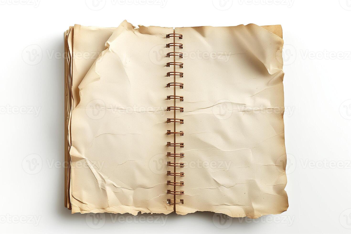 An open, weathered notebook with torn and crumpled pages, evoking nostalgia and creativity. photo