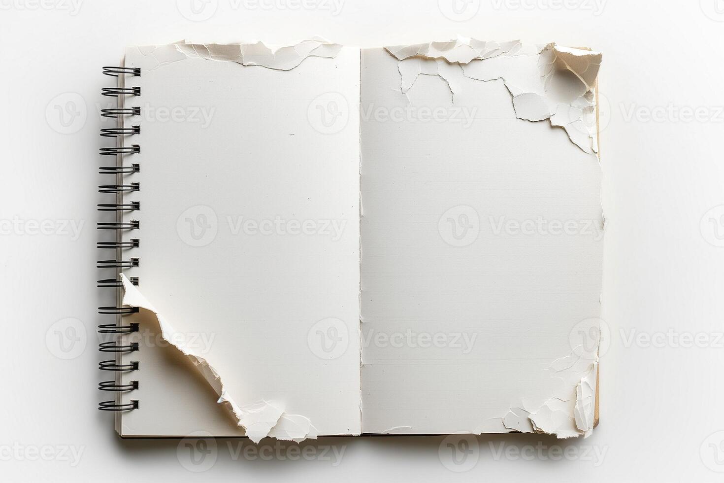 An open blank sketchbook with torn pages, showcasing a vintage and artistic feel. photo