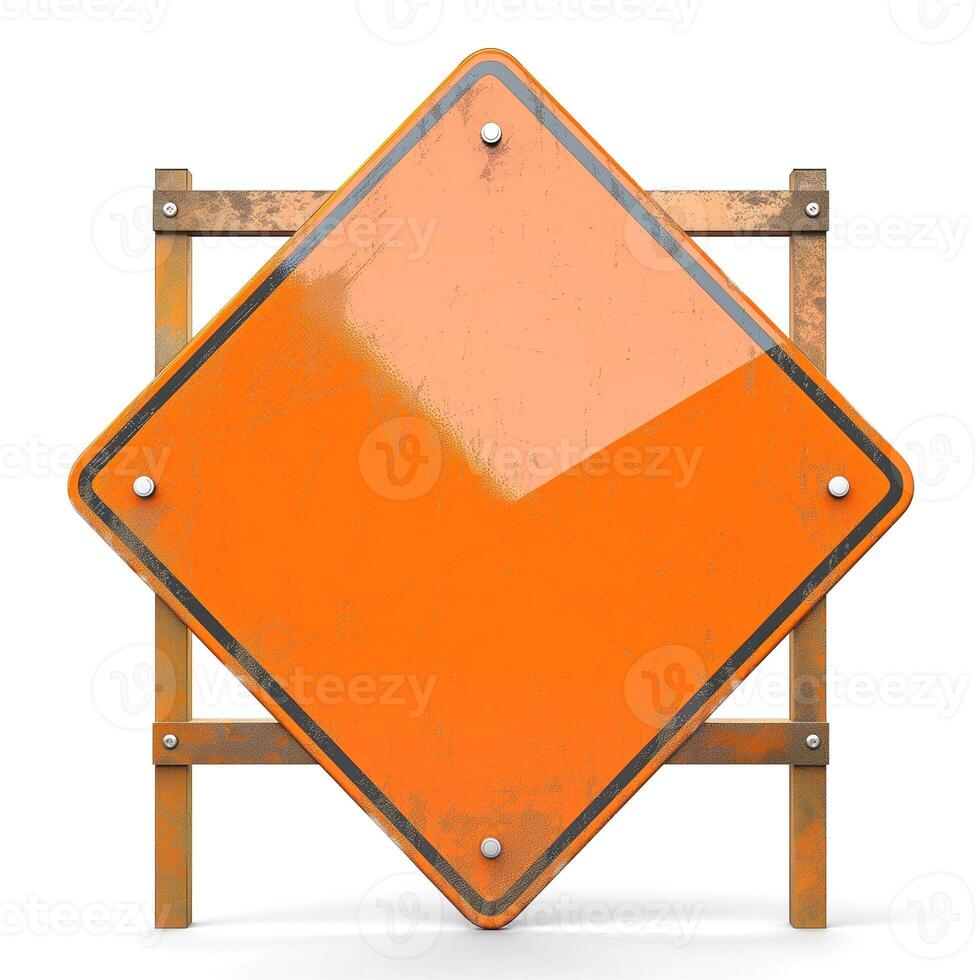 An empty, weathered orange construction sign with a rusted frame against a white background. photo