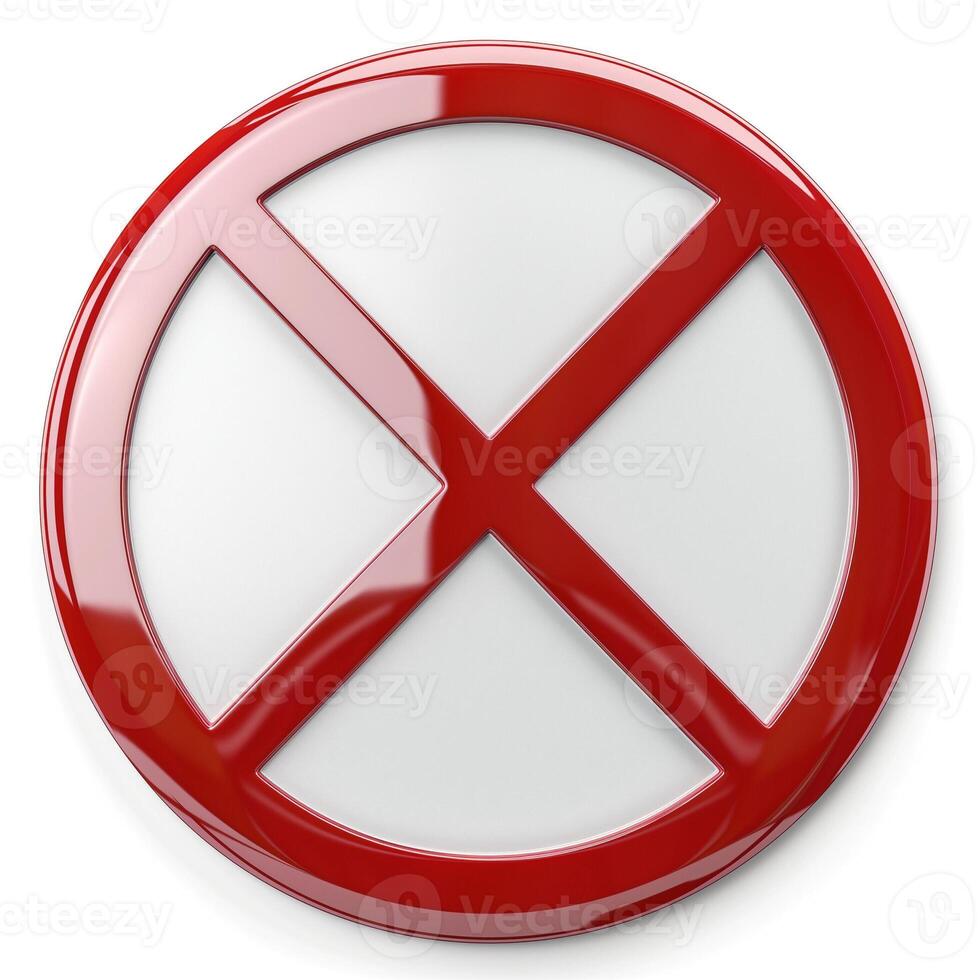 A glossy red circular symbol featuring a bold white 'X' in the center, indicating prohibition or restriction. photo