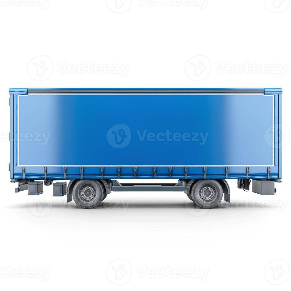 Side view of a blue delivery truck with a minimalist design, showcasing its sturdy wheels and cargo area. photo