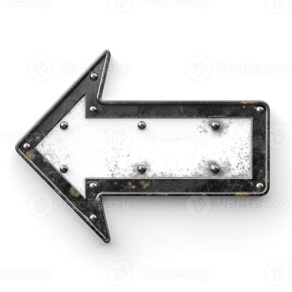 A weathered metal arrow sign pointing left, featuring a distressed white surface with prominent rivets. photo