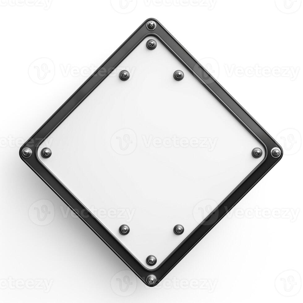 A blank, diamond-shaped sign with a metallic border and screws, perfect for customization. photo