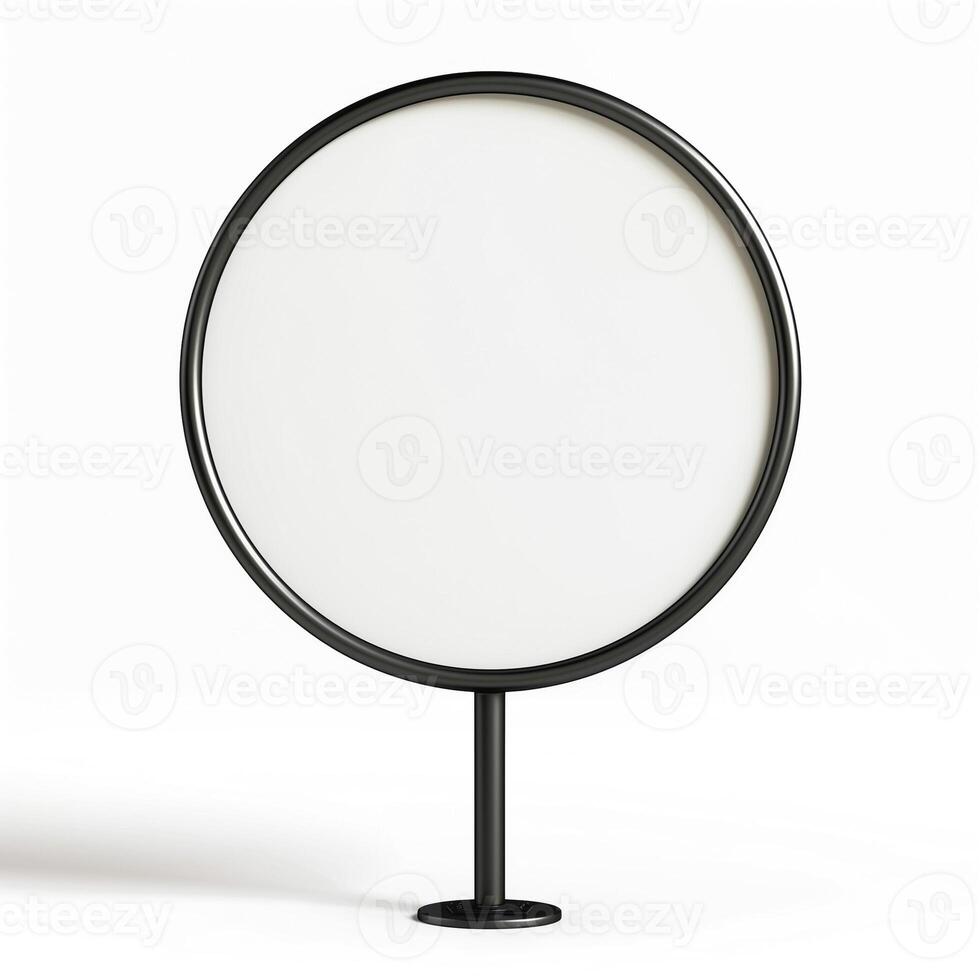 Minimalist round sign on a black stand, ideal for blank advertising or creative displays. photo