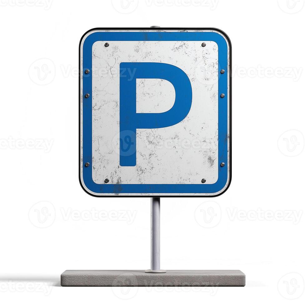 A weathered parking sign on a simple post, featuring a bold blue 'P' for parking, showcasing rustic charm. photo