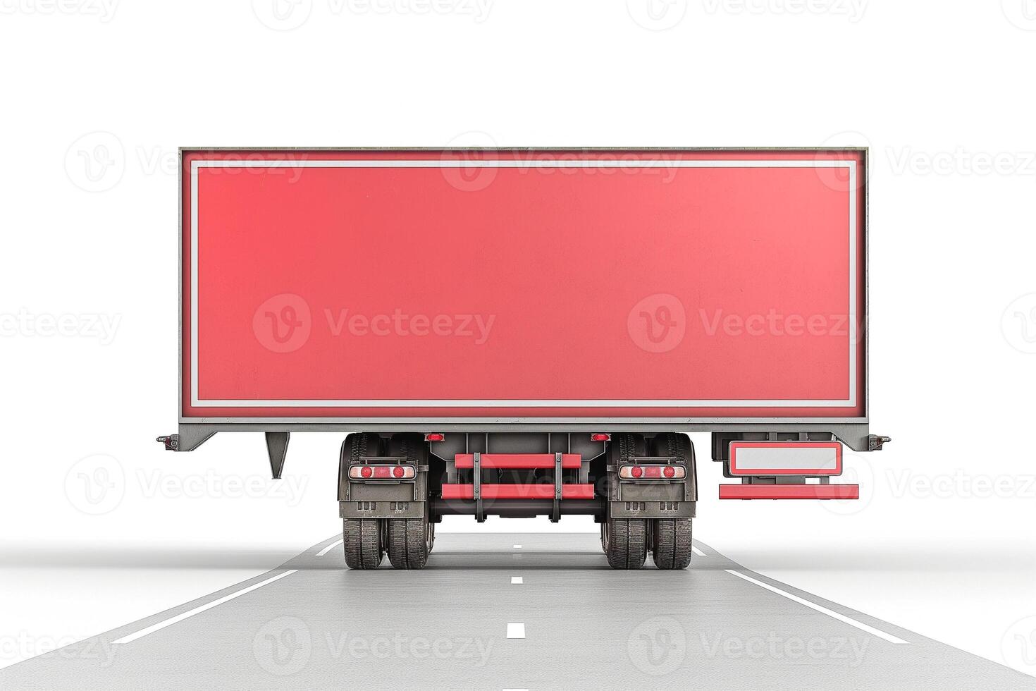 A large red delivery truck on a clean highway, showcasing its massive size and bold color. photo