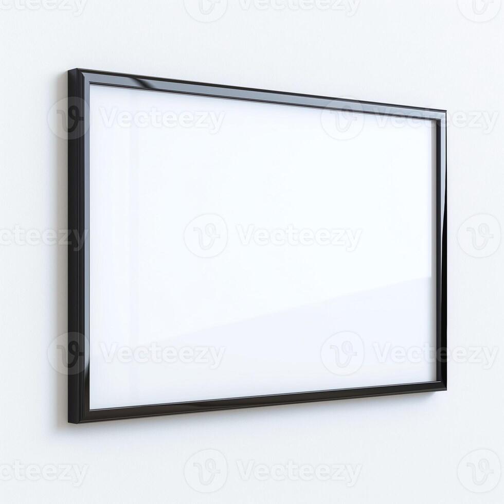 Modern black-framed empty picture frame on a light wall. photo