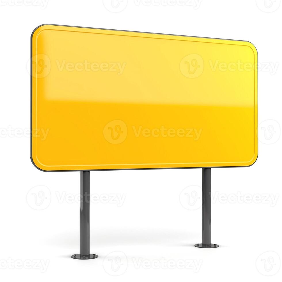 Blank yellow road sign on two metallic poles, perfect for customization. photo