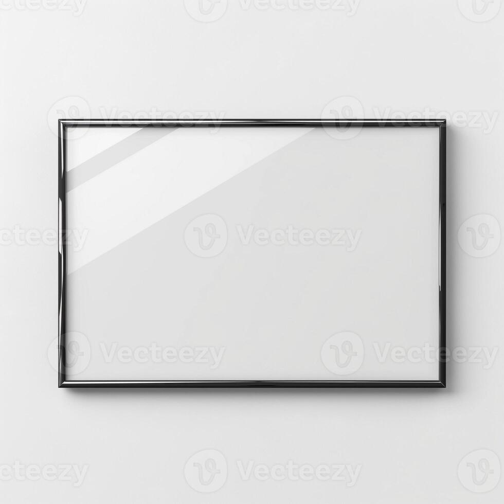 A sleek black picture frame on a white background, ideal for showcasing art or photography. photo