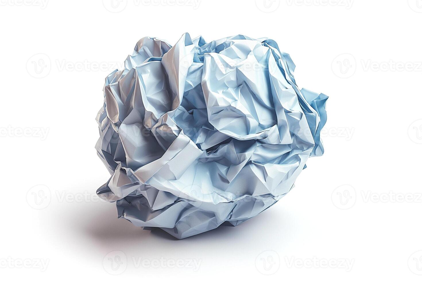 A close-up of a crumpled blue paper ball resting on a clean, white surface, showcasing texture and shadow play. photo