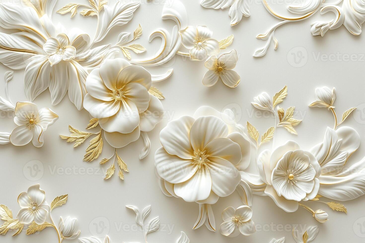 Elegant white and gold floral design with intricate textures and soft tones, adding a touch of sophistication to any space. photo