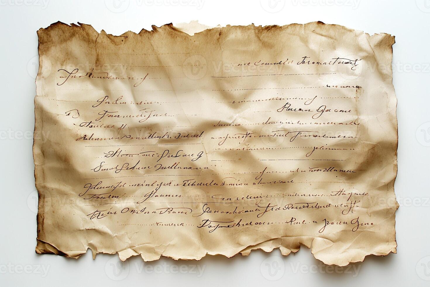 Ancient parchment with elegant handwritten script and aged, burnt edges, evoking a sense of history and nostalgia. photo