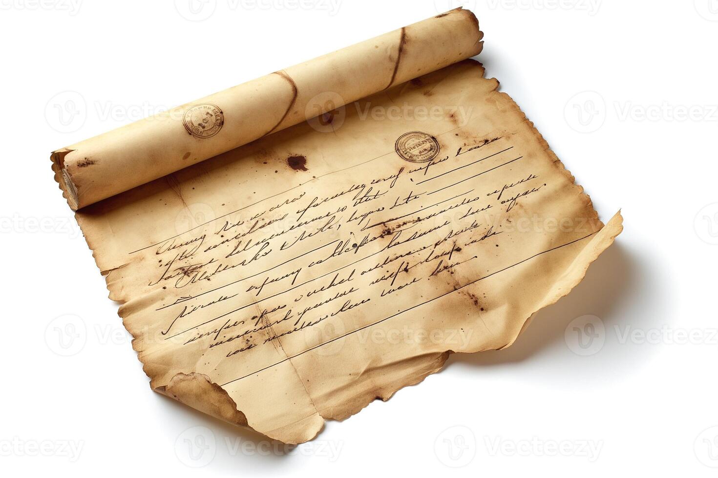 Antique parchment scroll with faded handwritten text, showcasing historical significance. photo