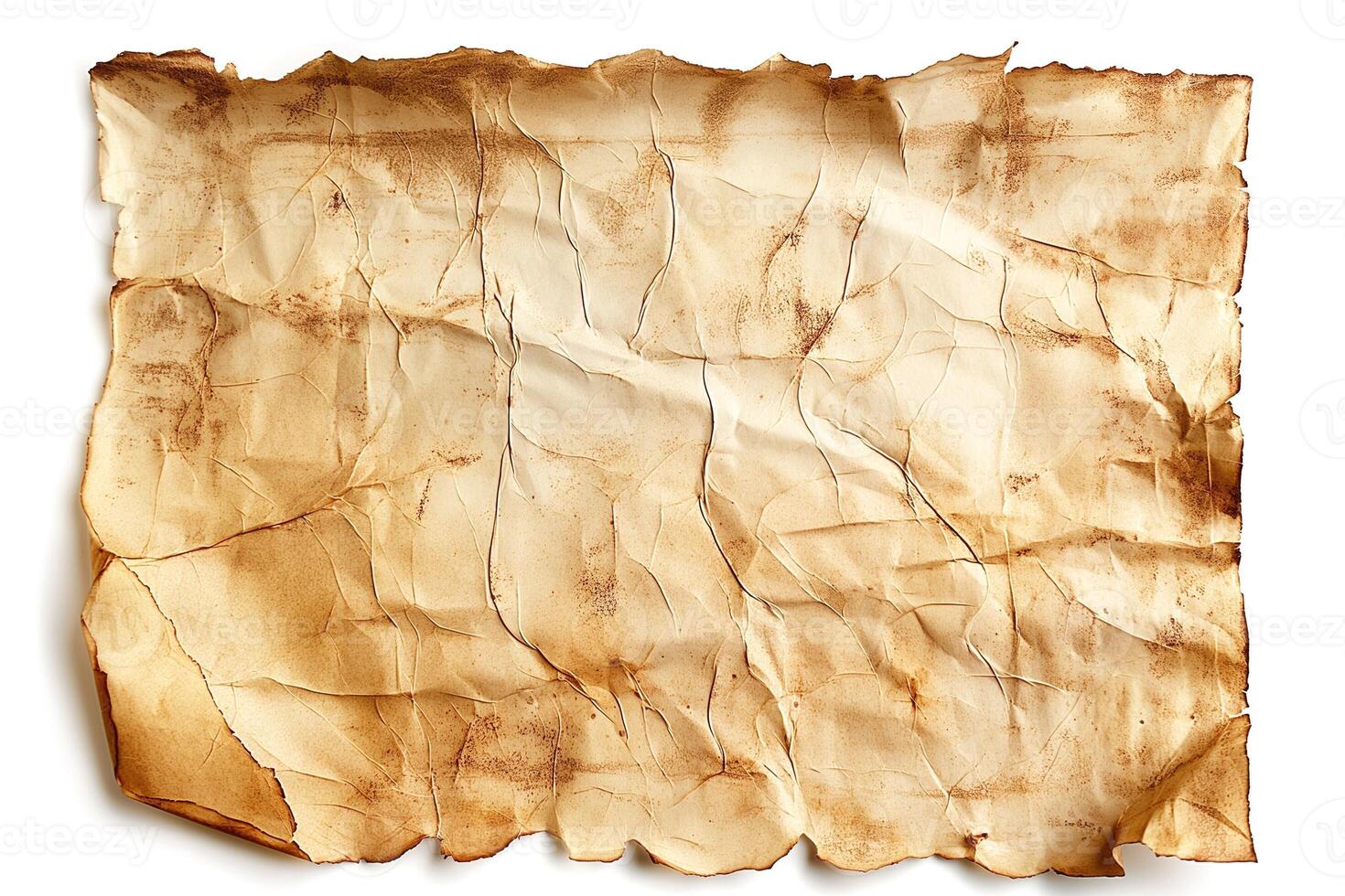 Old weathered parchment paper with textured creases and a vintage appearance. photo