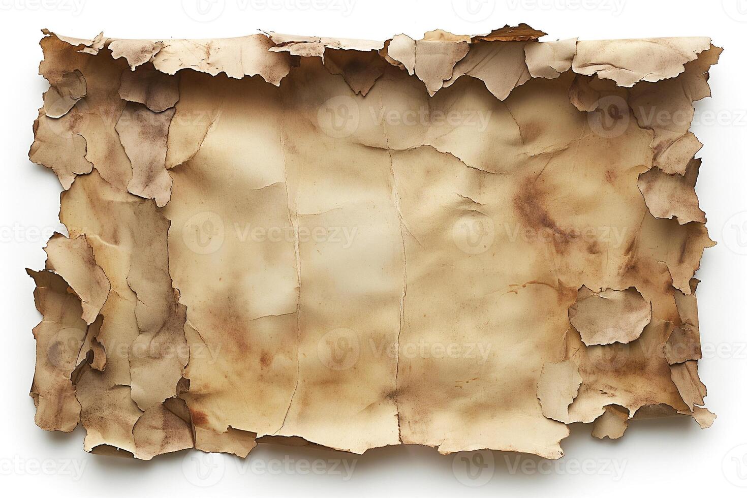 Aged, wrinkled parchment paper with torn edges, featuring a faded, earthy tone that suggests history and antiquity. photo