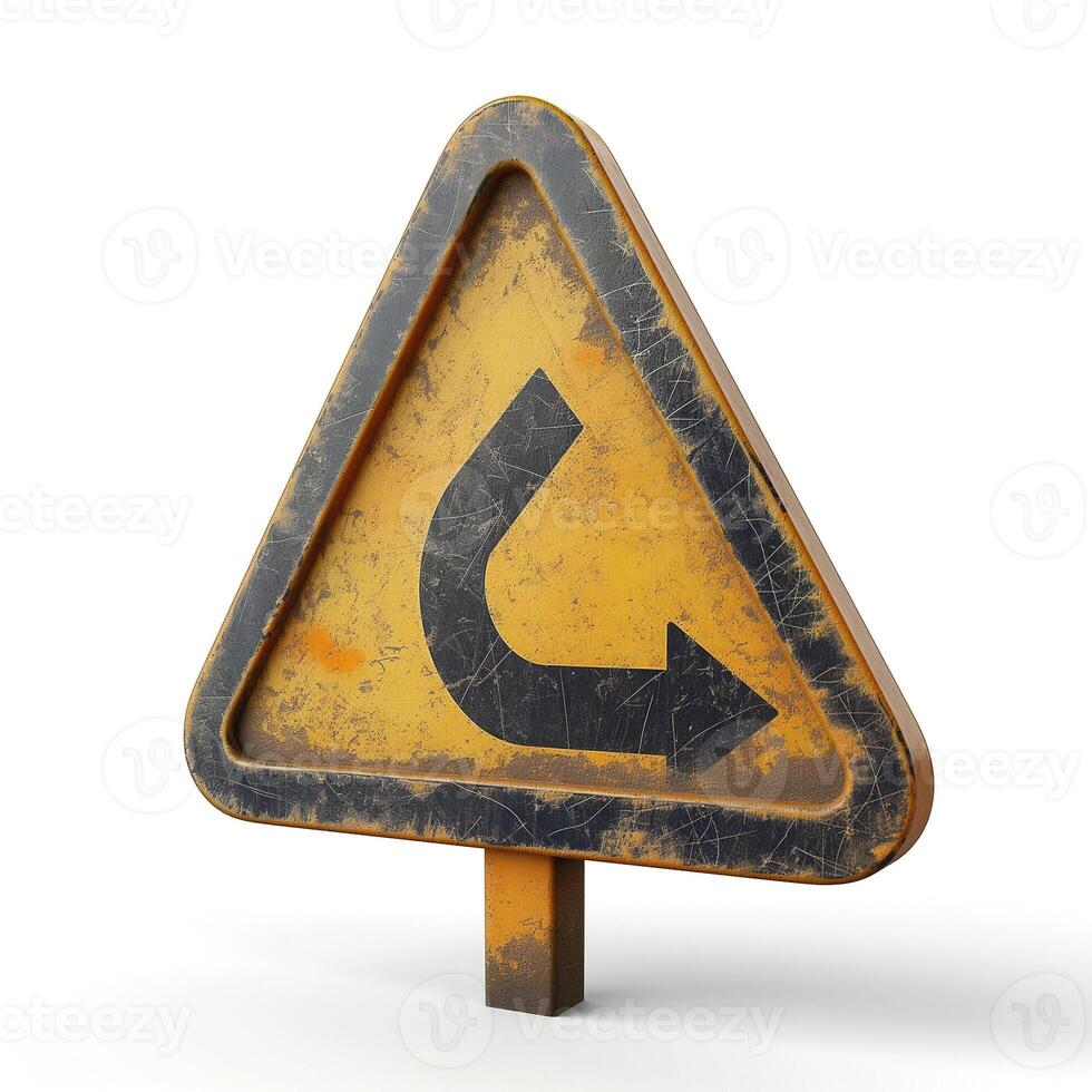 A weathered yellow caution sign indicating a left turn, emphasizing road safety and navigation. photo