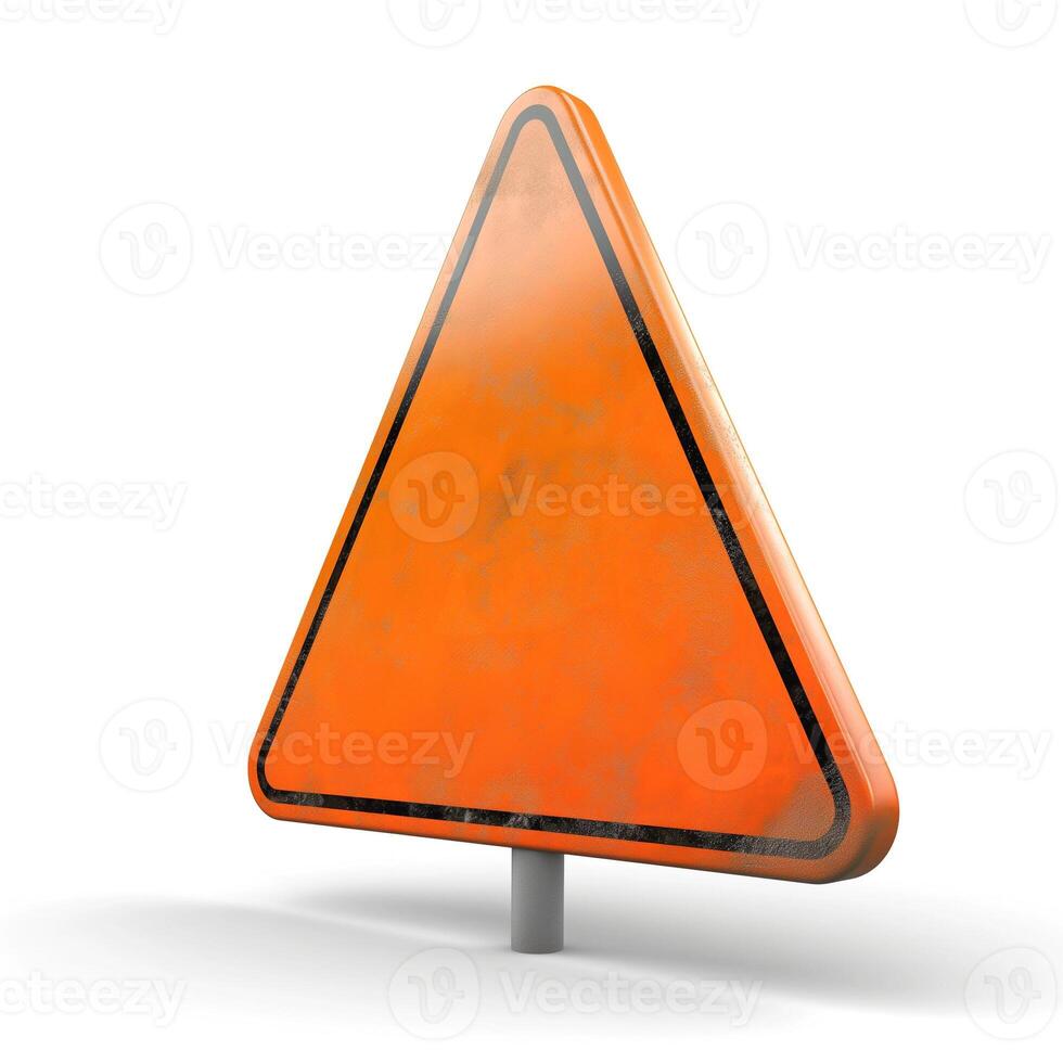 A triangular warning sign in a bright orange hue, symbolizing caution and alertness. photo