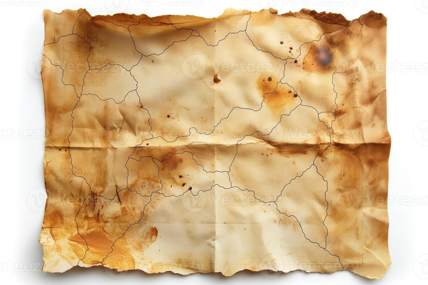 An aged, weathered map with intricate line details and burn marks, evoking a sense of adventure and exploration. photo