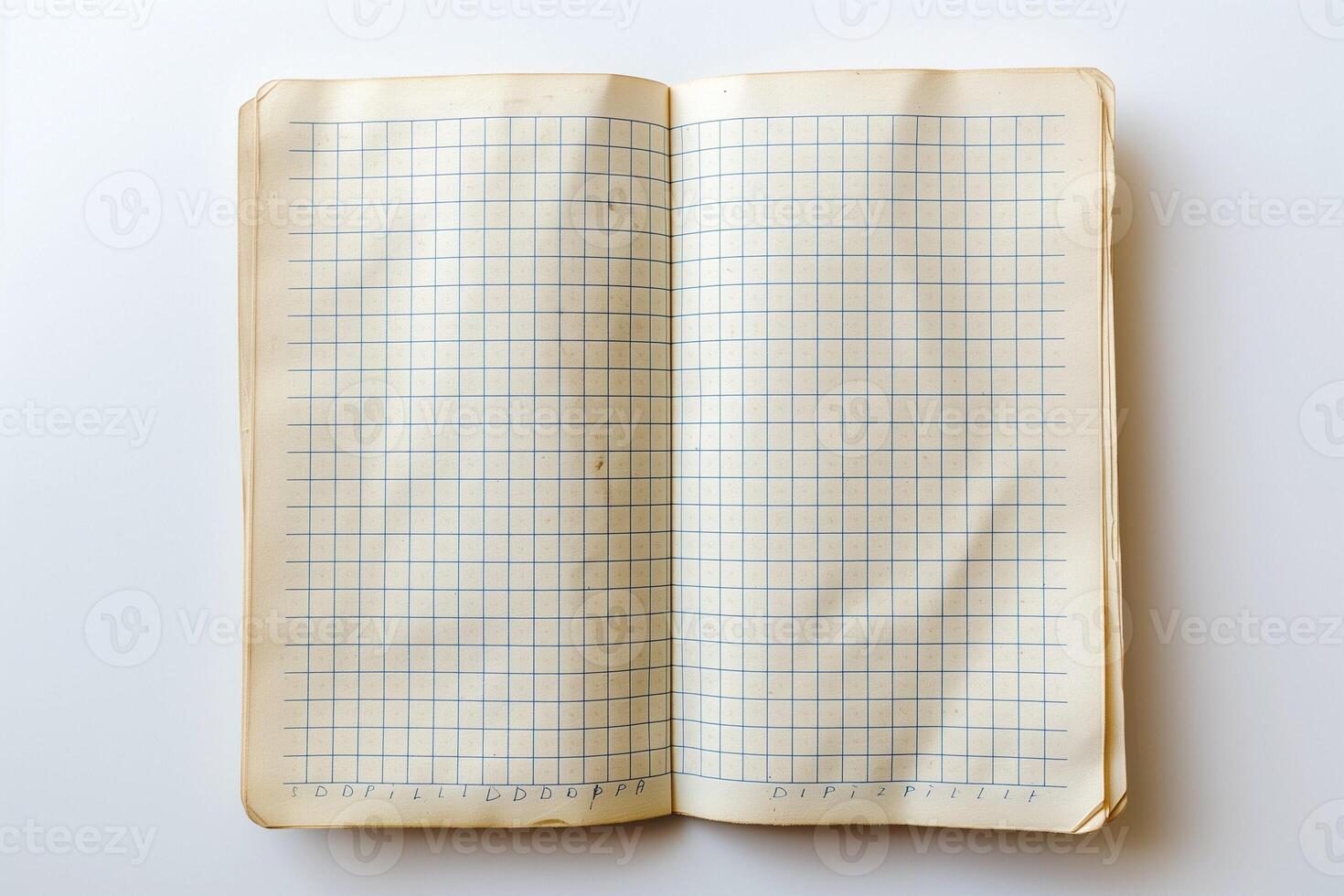 An open vintage graph notebook with a plain blue grid pattern, showcasing its empty pages and weathered edges. photo