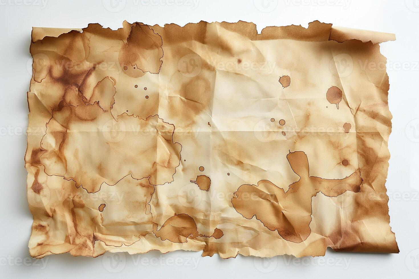 An aged, weathered parchment with coffee stains and irregular edges, creating a vintage and historical aesthetic. photo