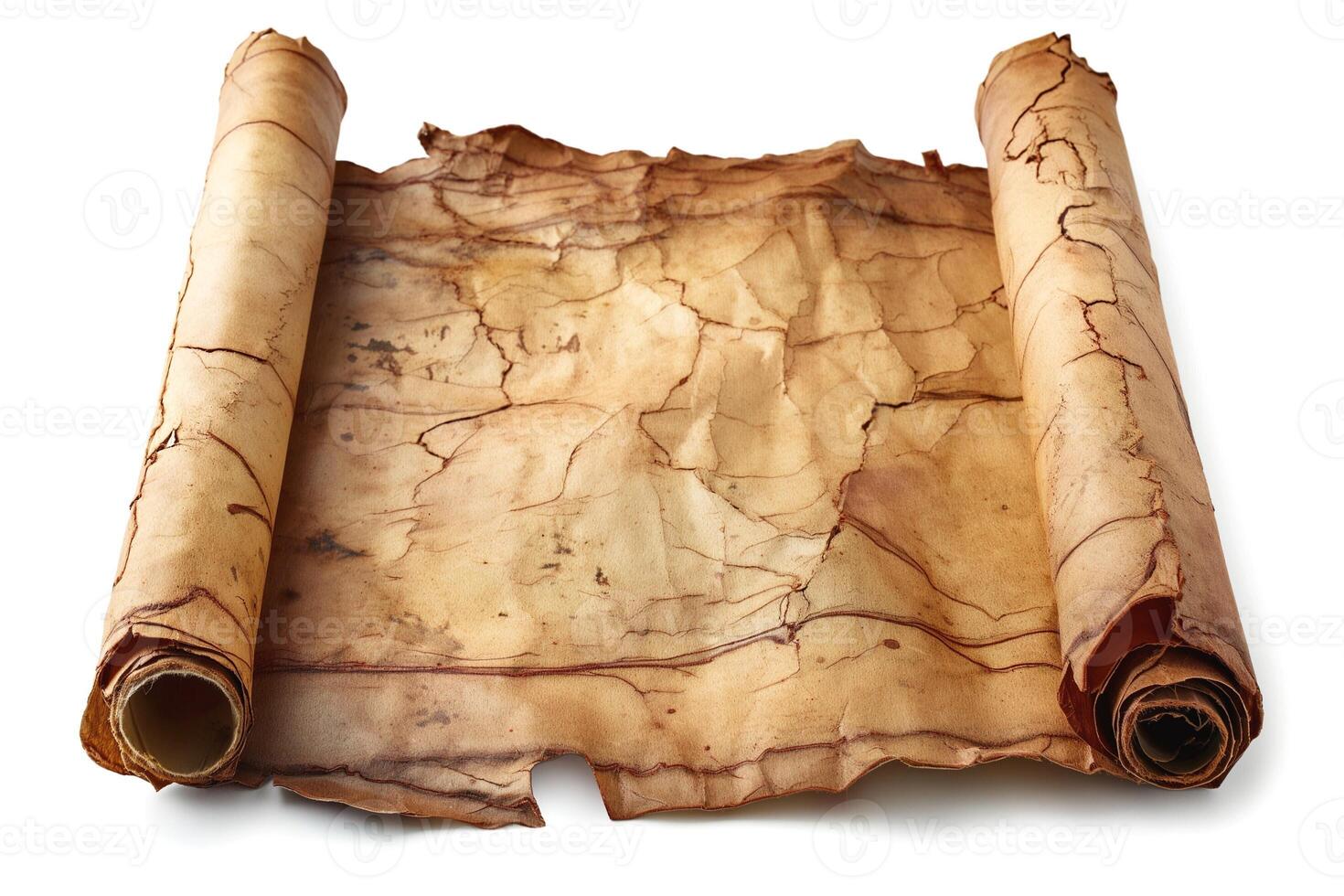 An ancient, rolled parchment showcasing intricate textures and aging effects. photo