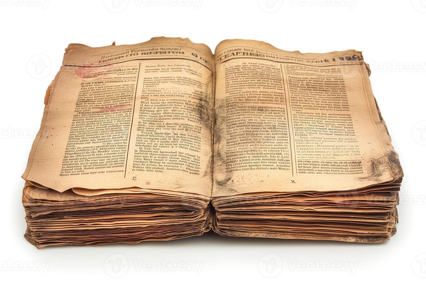 An aged, open book with yellowed and worn pages, revealing historical text and markings. photo