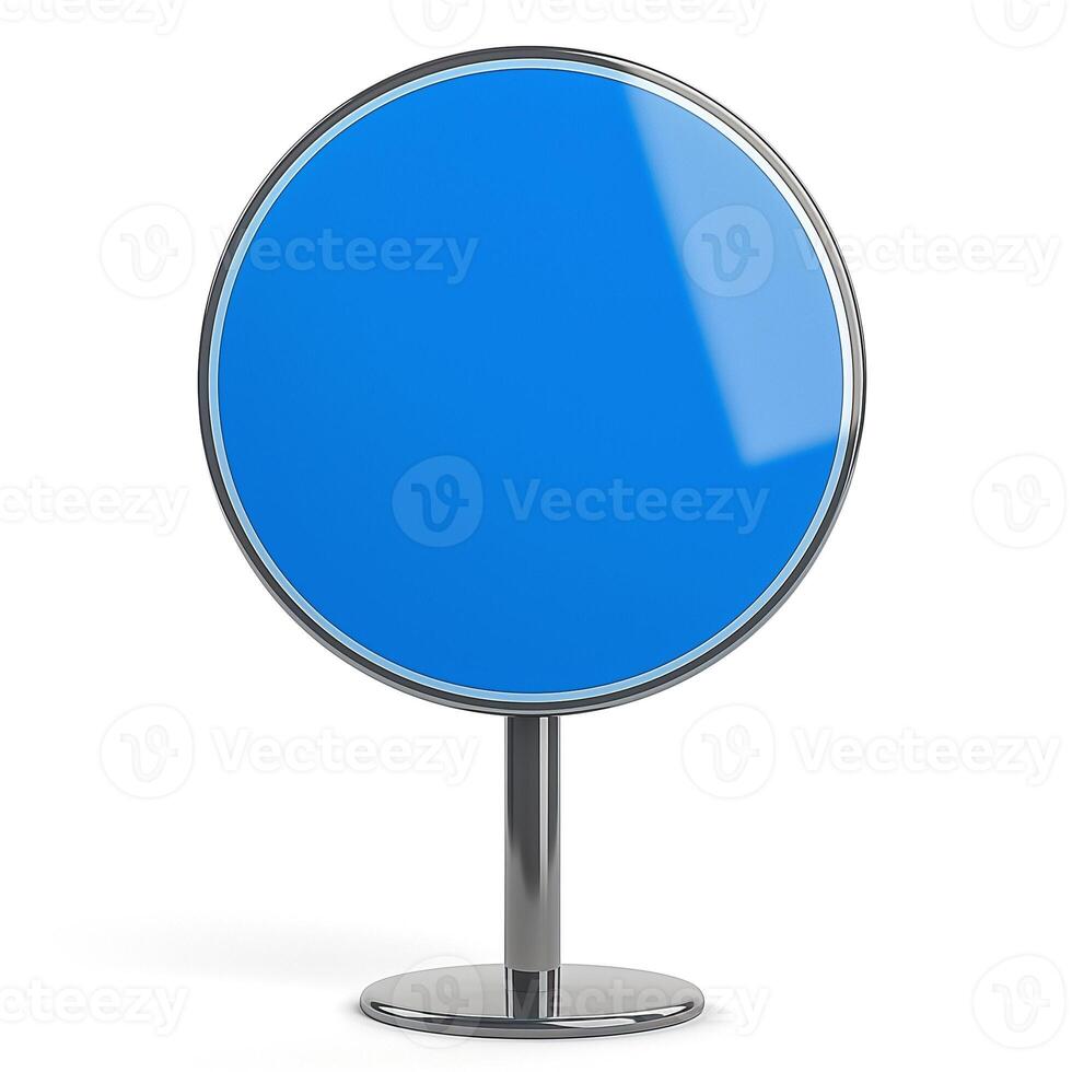 A modern circular blue sign with a glossy finish on a chrome stand. photo
