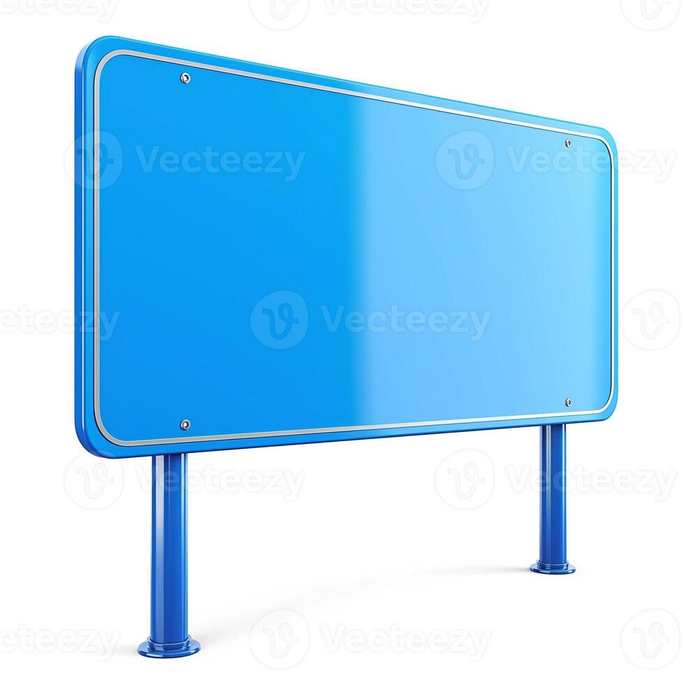 A blank blue signage board standing on two sturdy legs, ready for text or graphics. photo