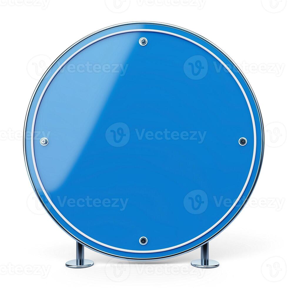 A large, round blue sign with a glossy finish, supported by two metallic legs, set against a white background. photo