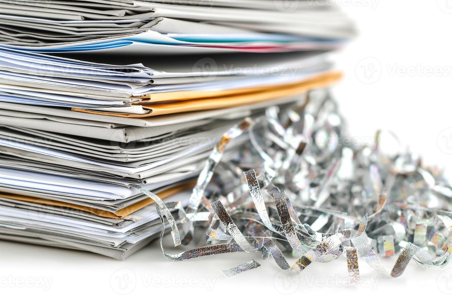 A chaotic stack of organized documents with a scattering of shiny paper shreds in the foreground. photo