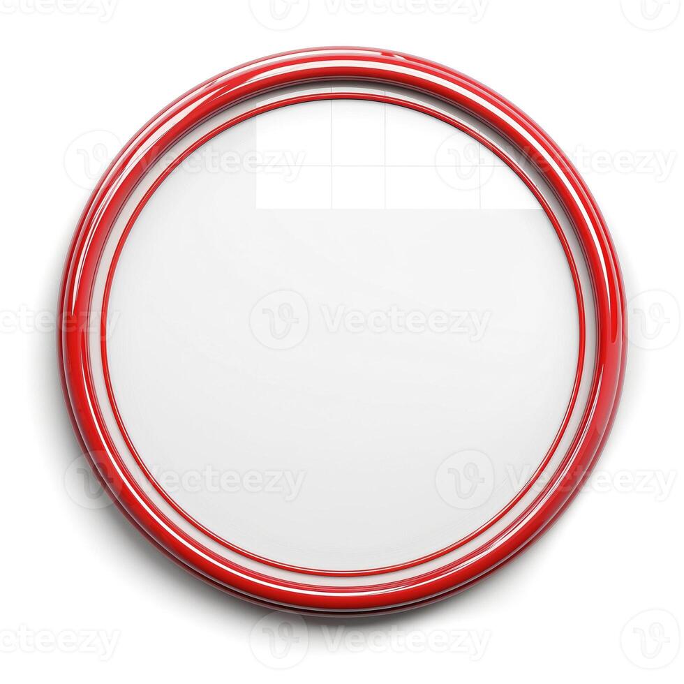 A round mirror with a glossy red frame, reflecting a bright and simple background. photo