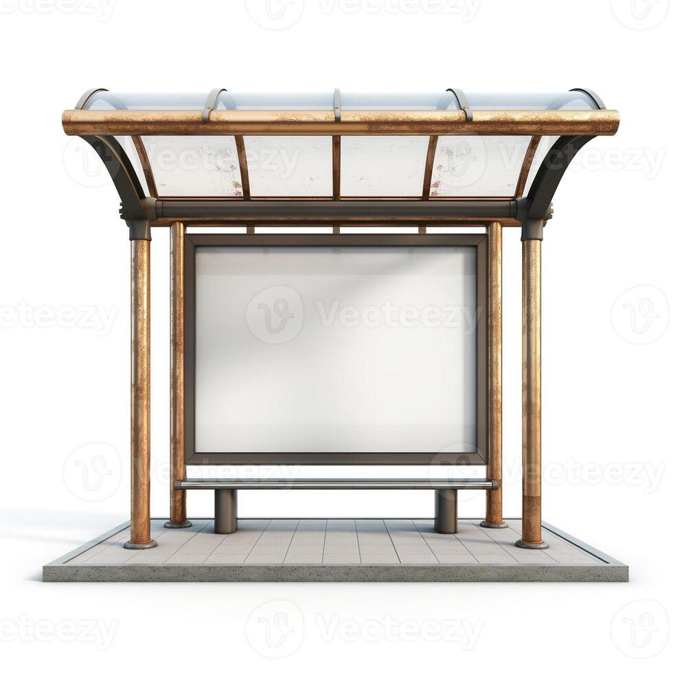 An empty modern bus shelter with a sleek design and transparent roofing, inviting commuters to wait comfortably. photo