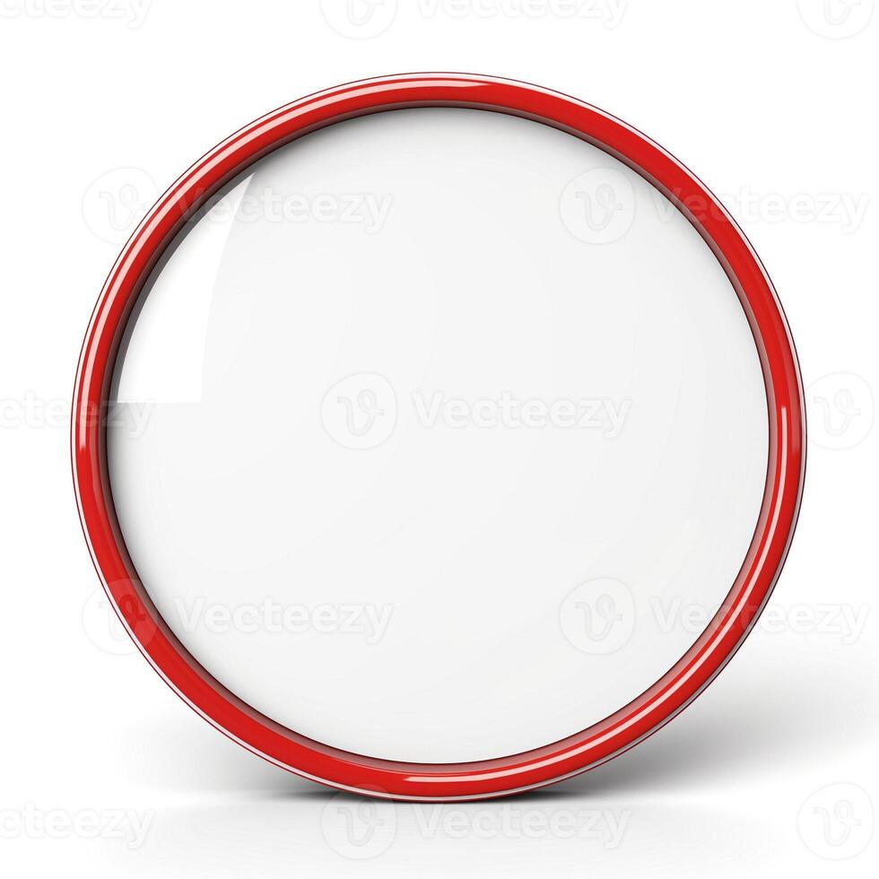 A glossy round white plate with a vibrant red rim, perfect for showcasing culinary creations. photo