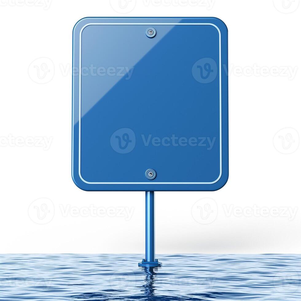 A blank blue sign partially submerged in water, symbolizing unknown messages and lost communication. photo