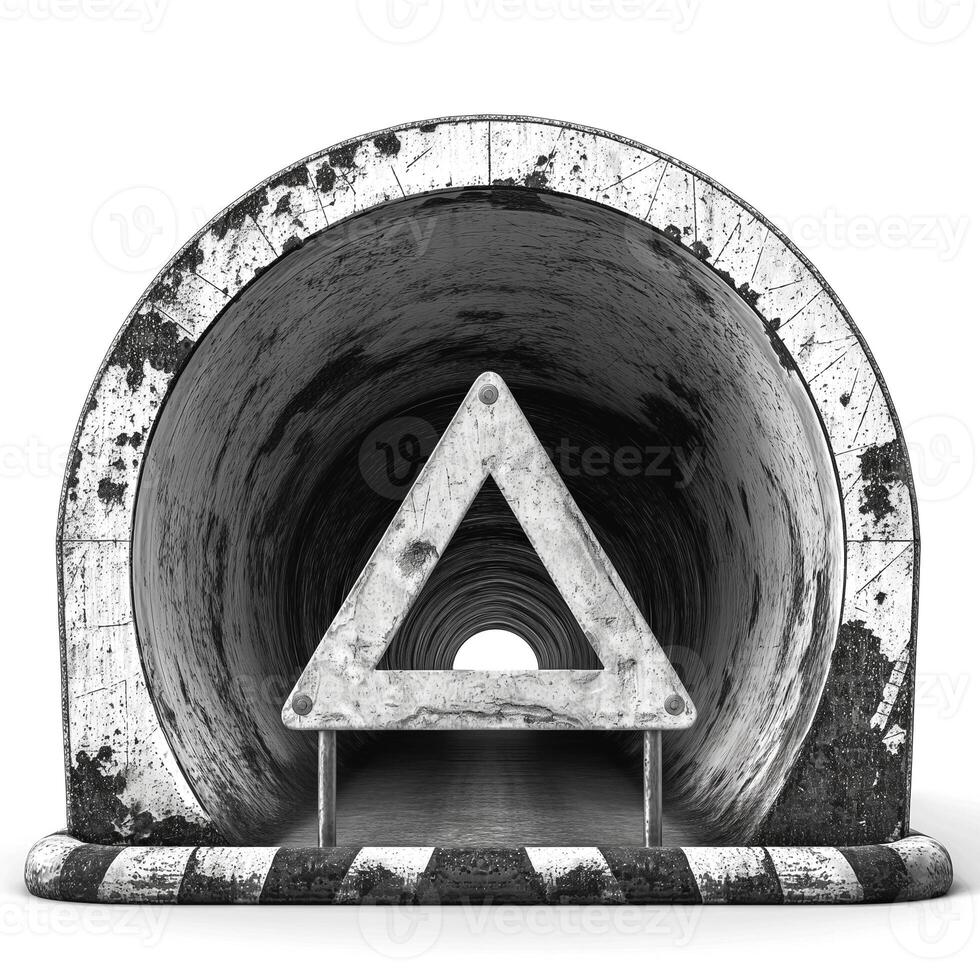 A weathered concrete tunnel featuring a triangular warning sign at the entrance, conveying a sense of caution. photo