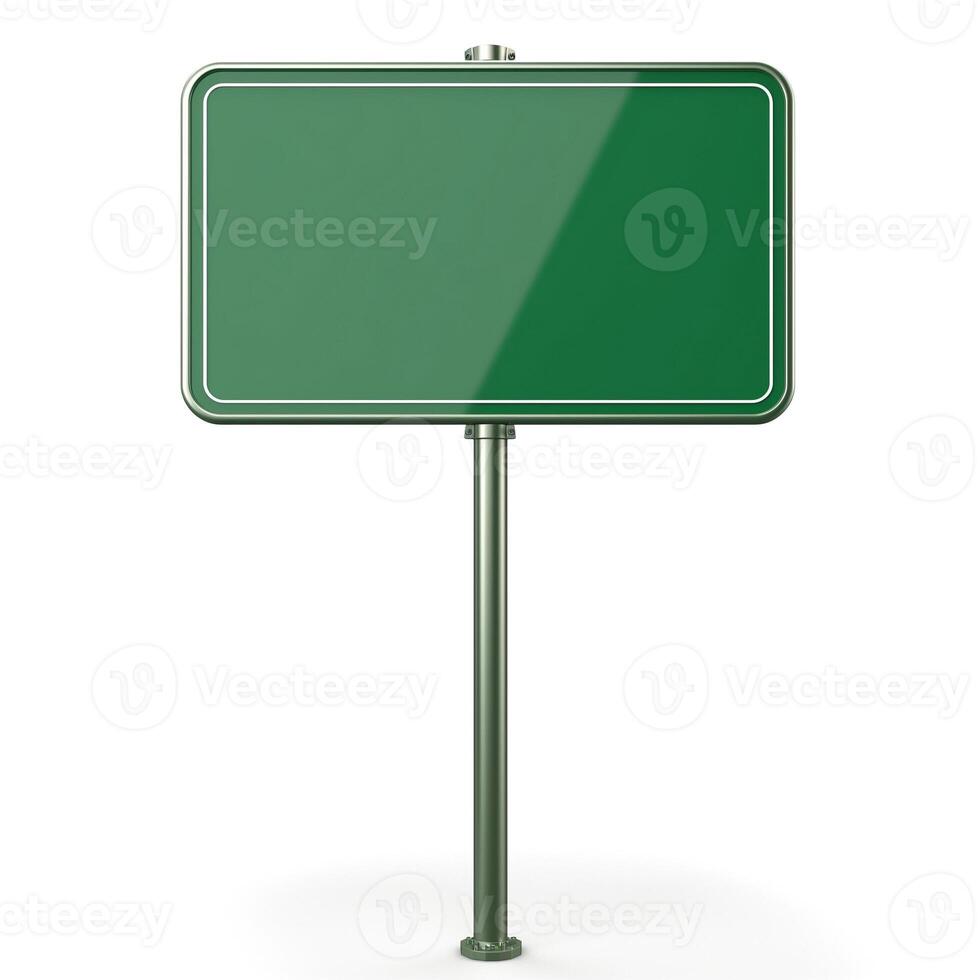 Blank green road sign standing erect with a shiny surface, ready for personalization. photo
