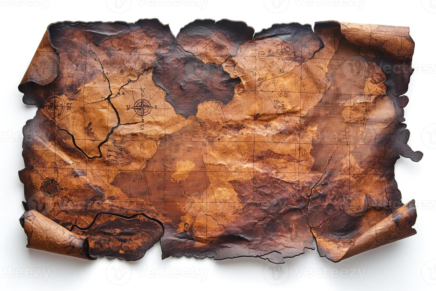 An ancient, weathered treasure map with intricate details and tattered edges, evoking a sense of adventure. photo