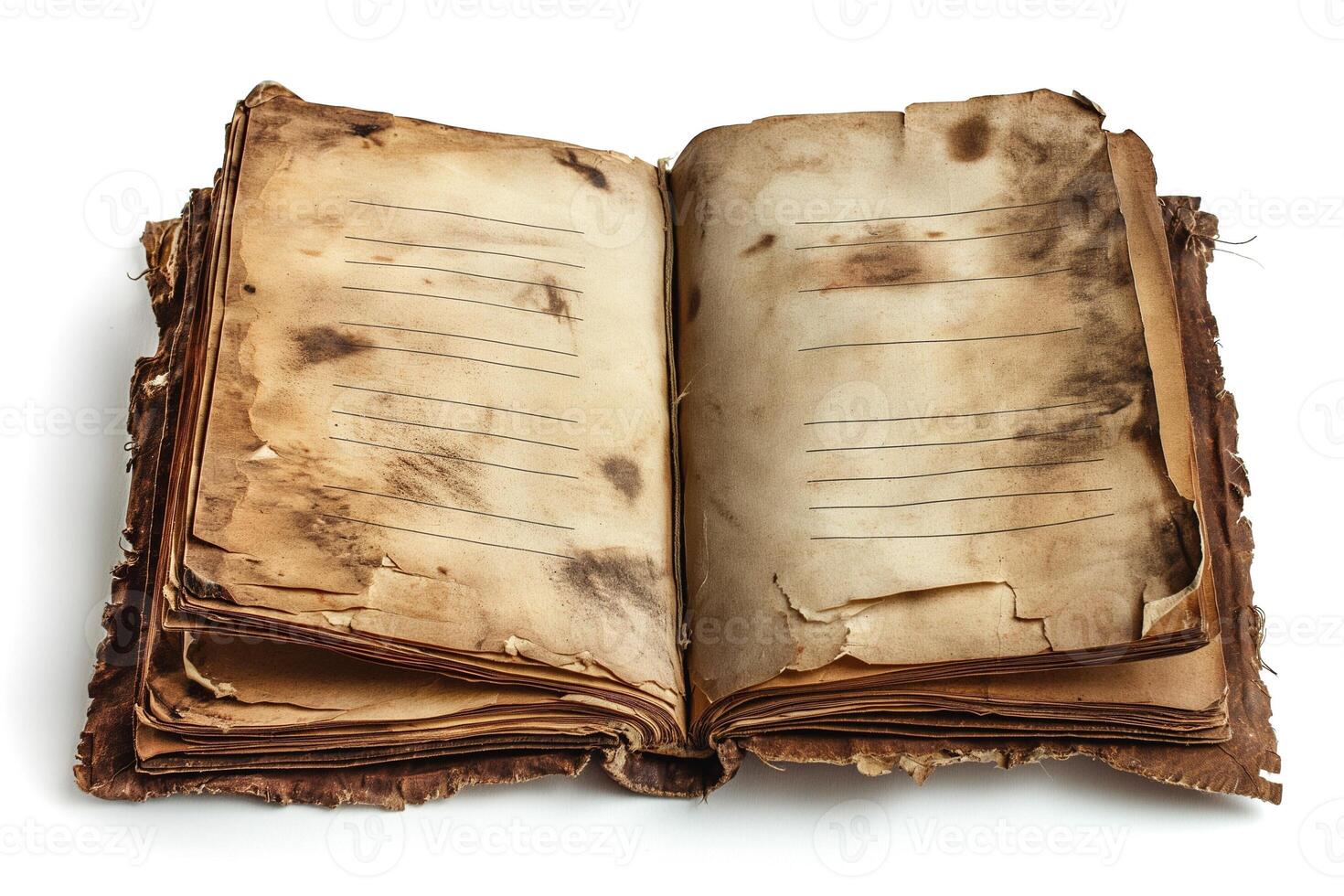 An antique open book with burnt and aged pages, featuring blank lines for writing. Atmospheric and nostalgic. photo