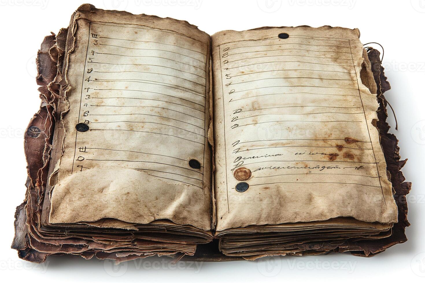 An antique, weathered book with blank, aged pages and a worn leather cover, showcasing its historical significance. photo