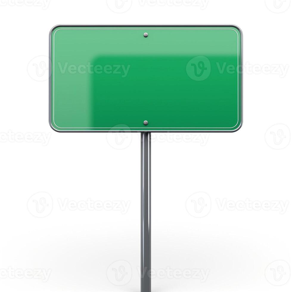 A blank green informational sign on a metallic pole, ready for customization or display of messages. photo