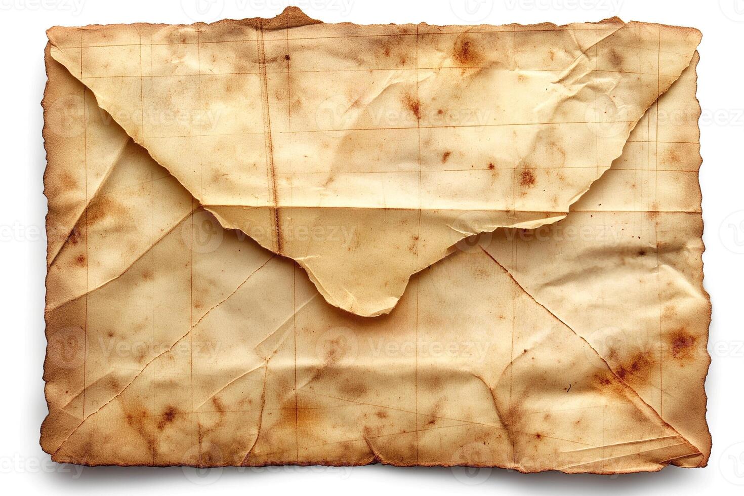An aged, crumpled envelope with a yellowed appearance, showcasing its vintage charm. photo