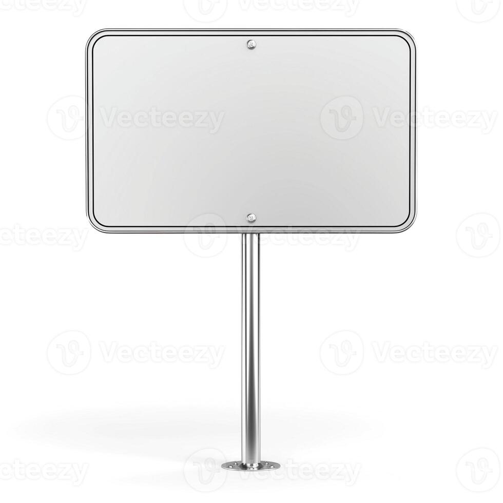 A blank road sign on a polished metal pole, ready for new information. photo